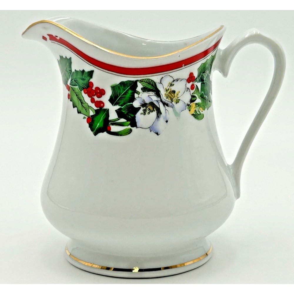 Lynns Fine China St. Maria Creamer Christmas Holly & Berry Red Band Gold Trim